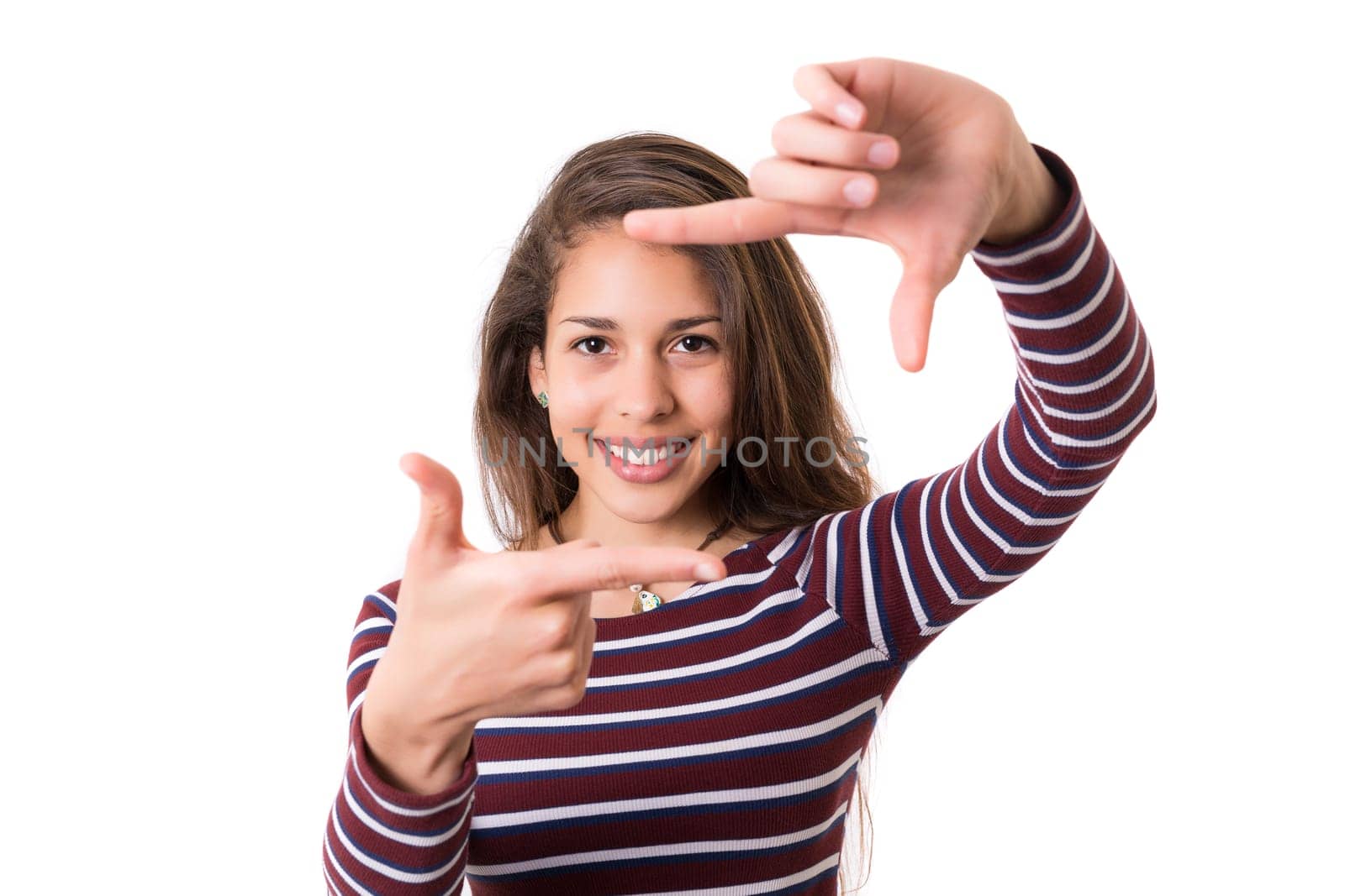 Young woman making framing key gesture - isolated over white
