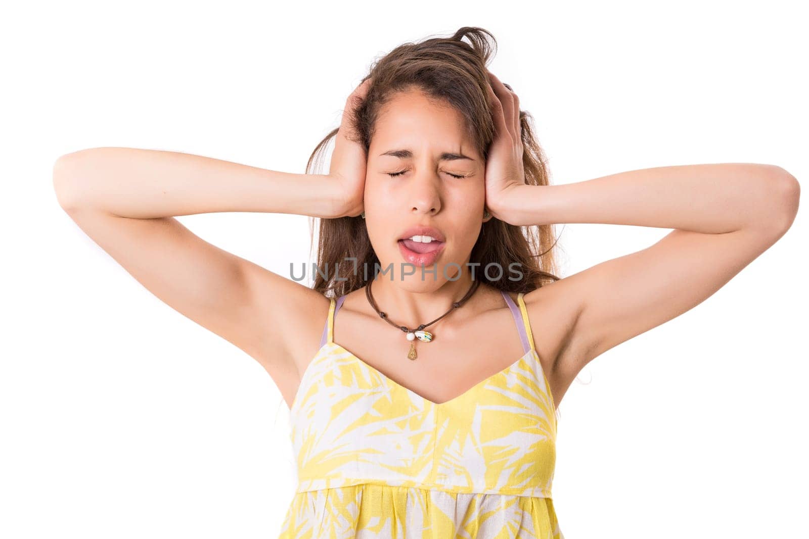 Beautiful young woman asking for silence isolated