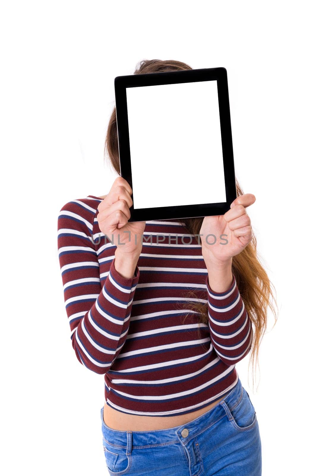 Happy young woman presenting your product in a tablet computer
