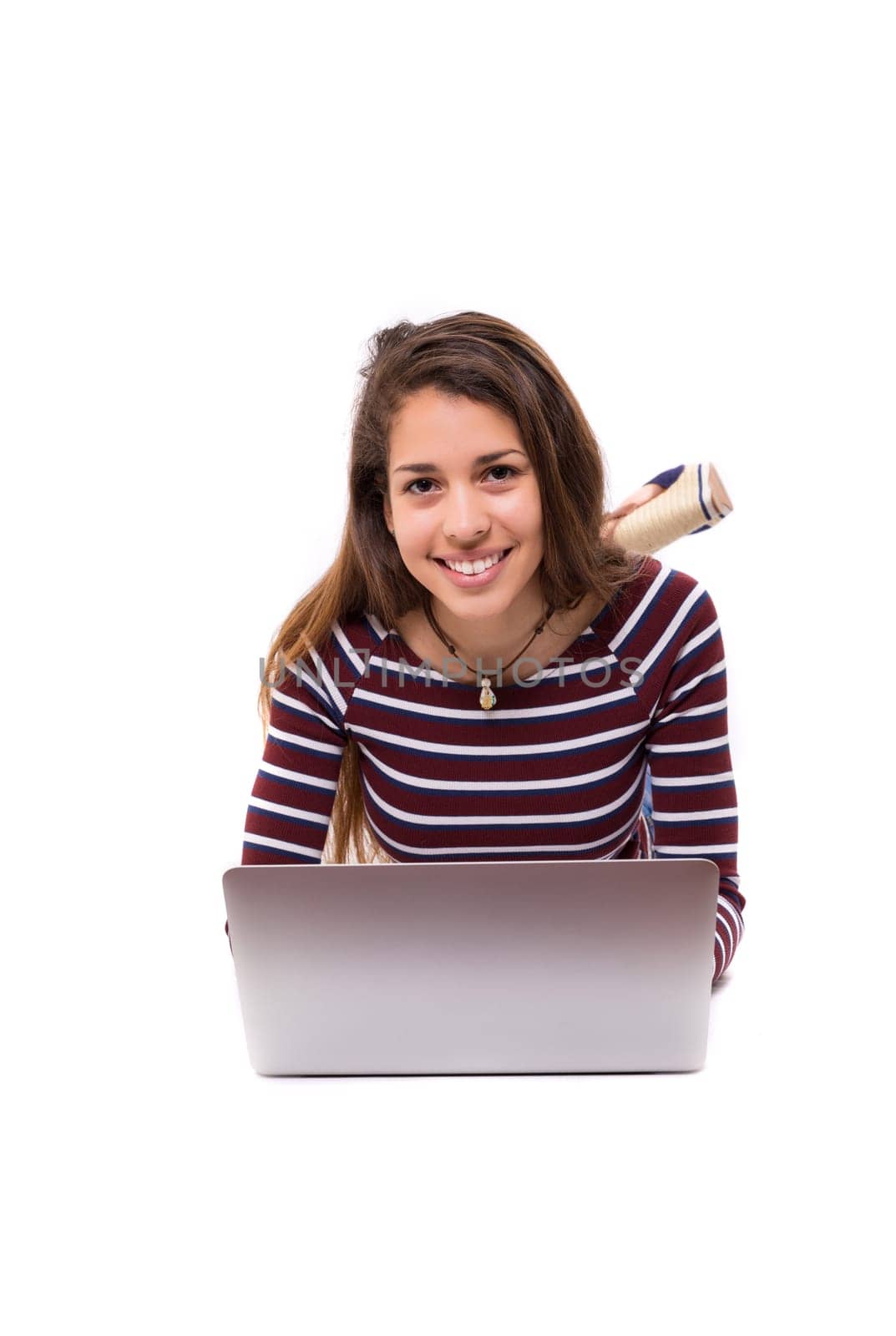Young student working with her laptop, isolated over a white background