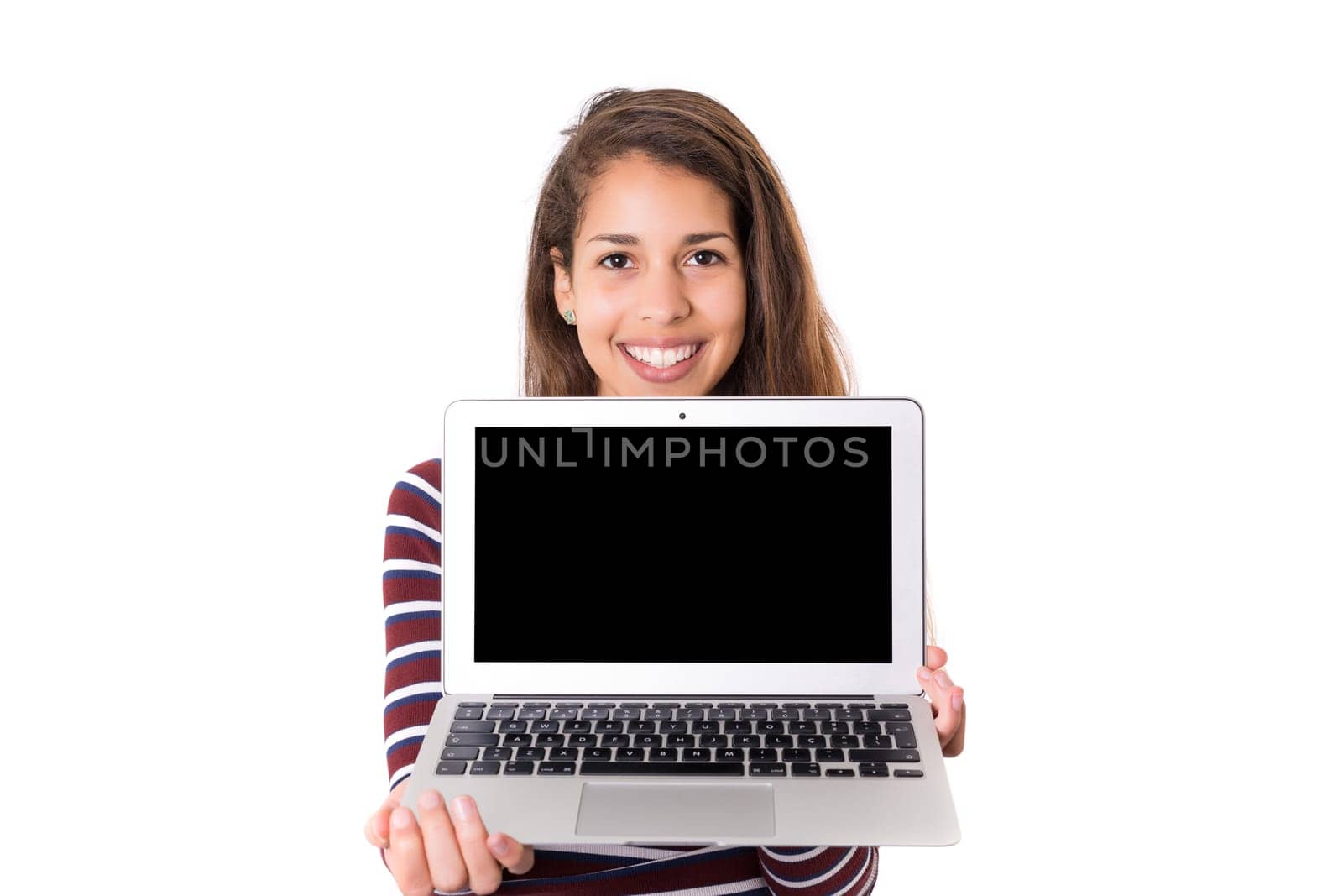 Young woman presenting your product in a laptop computer