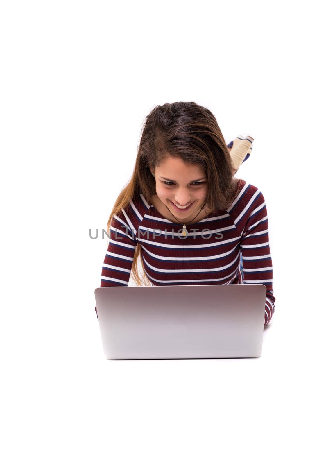 Young student working with her laptop, isolated over a white background
