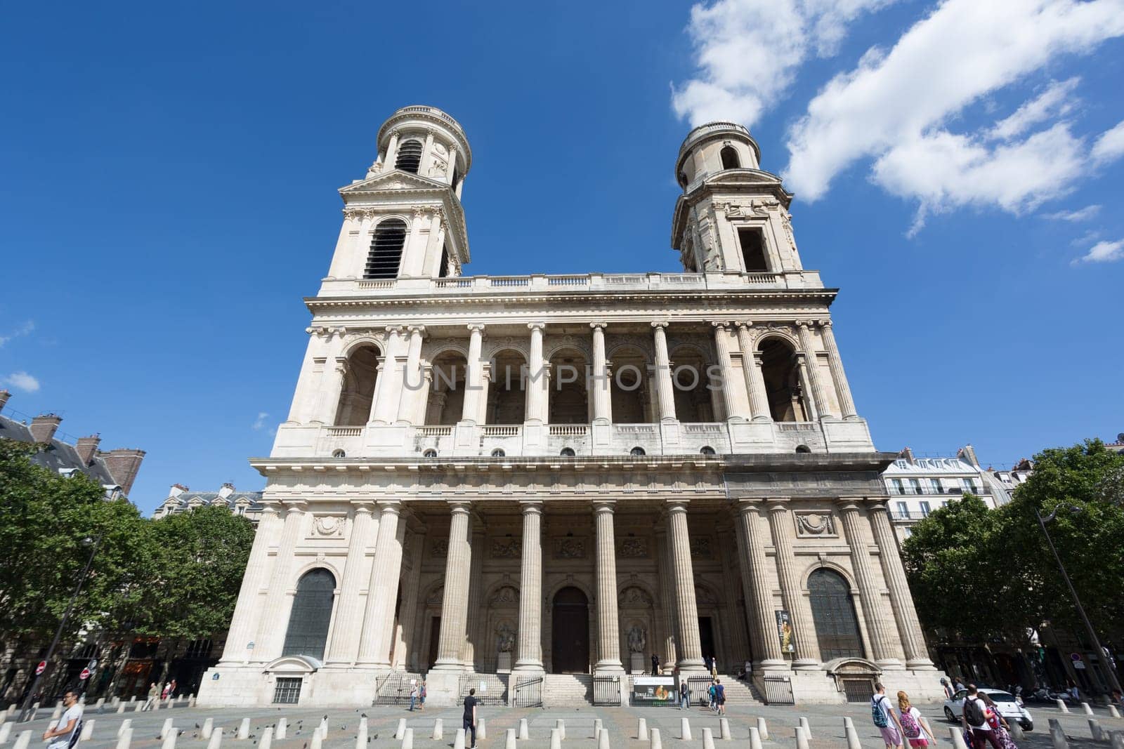 PARIS, FRANCE -12 AUGUST 2016- The Eglise Saint-Sulpice is a Roman Catholic church located in the 6th arrondissement of Paris near the Rue Bonaparte and the Luxembourg Gardens.