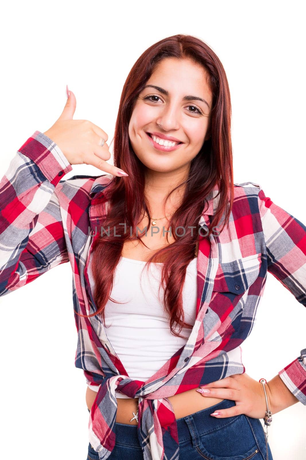 Happy young student making "call me"" sign with hand"