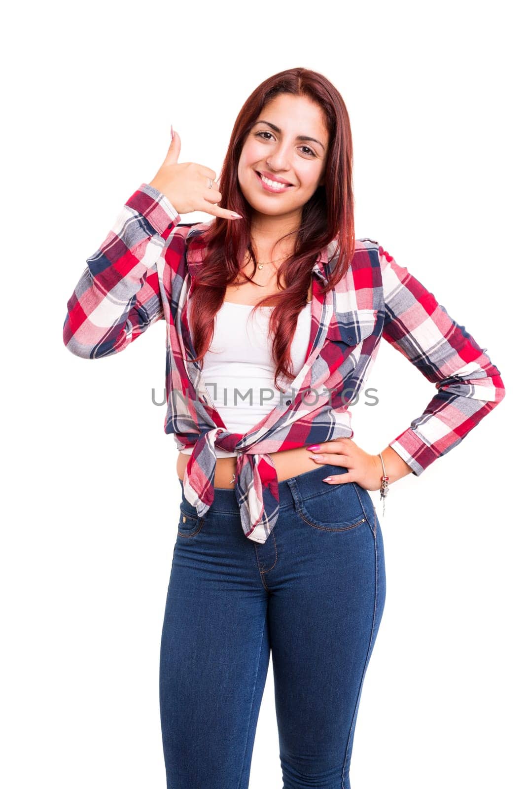 Happy young student making "call me"" sign with hand"