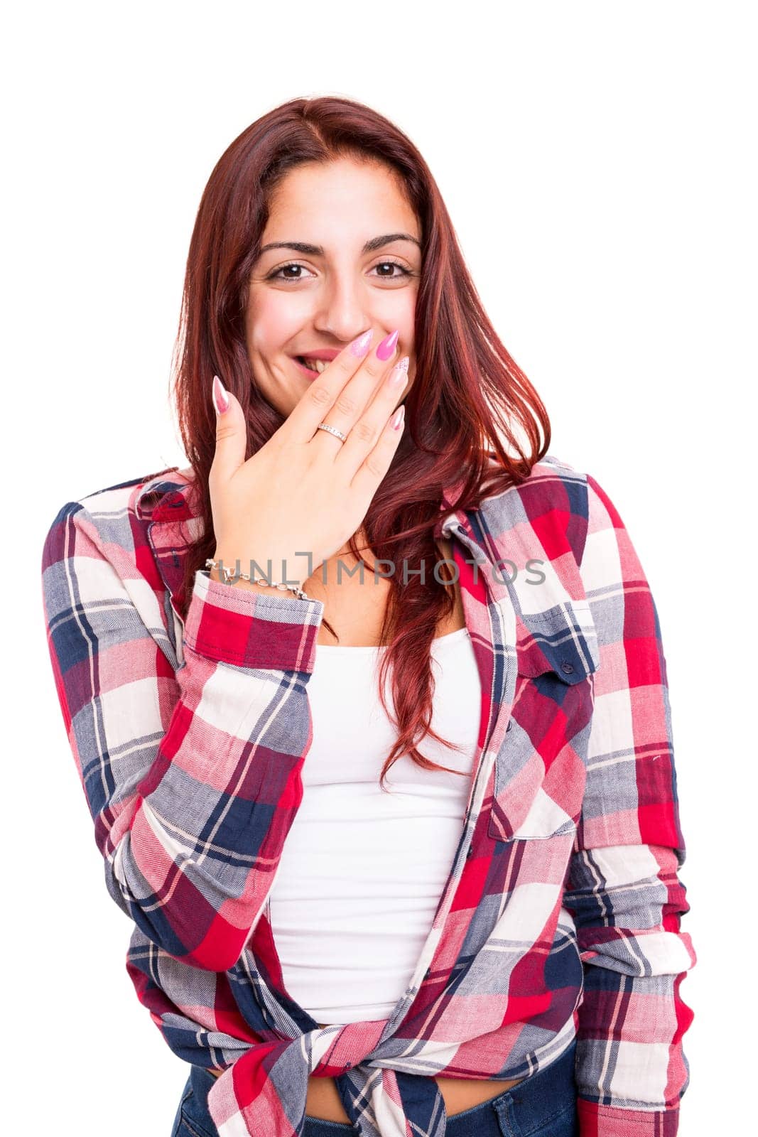 Surprised young woman isolated over white background
