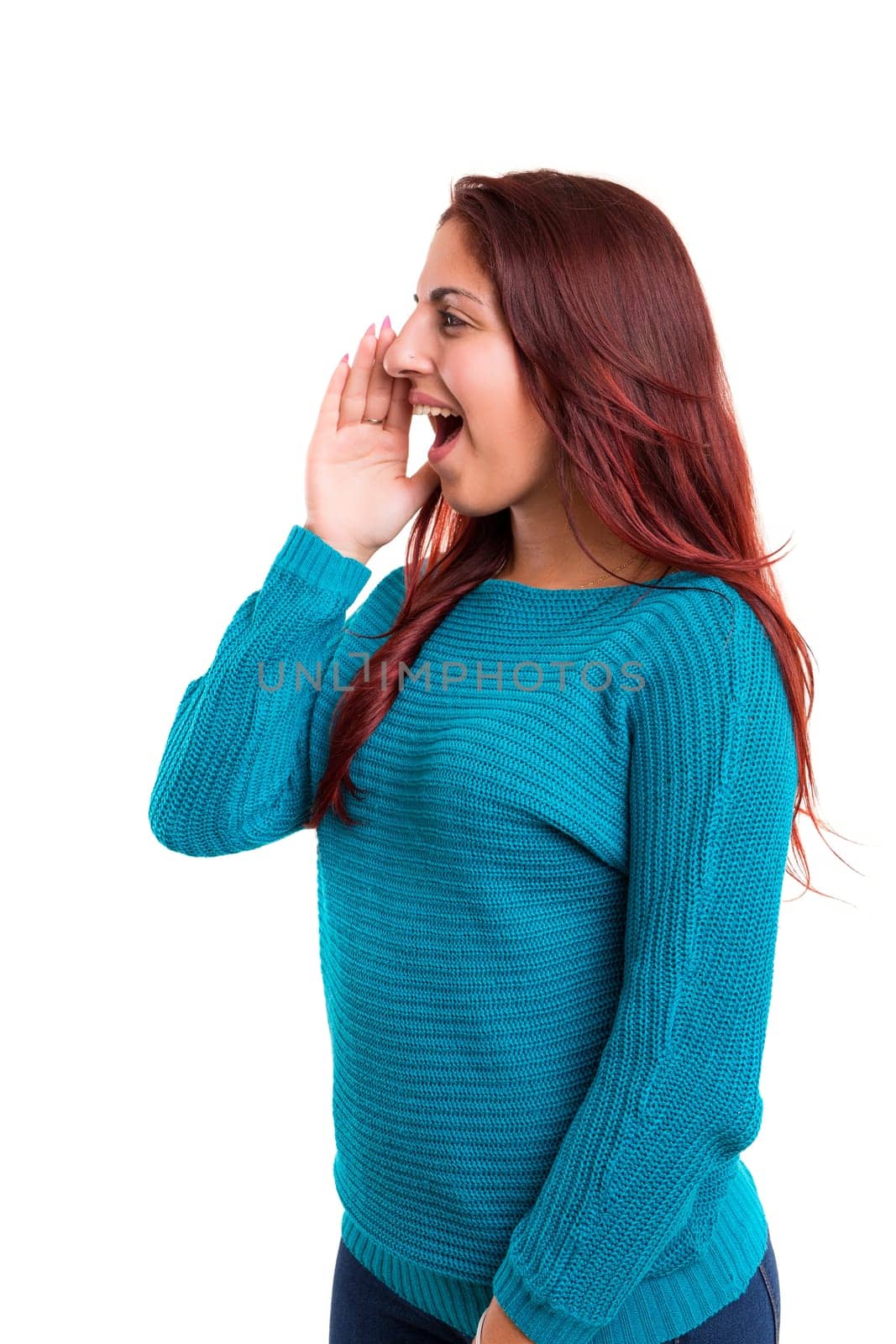 Woman screaming at someone, isolated over a white background