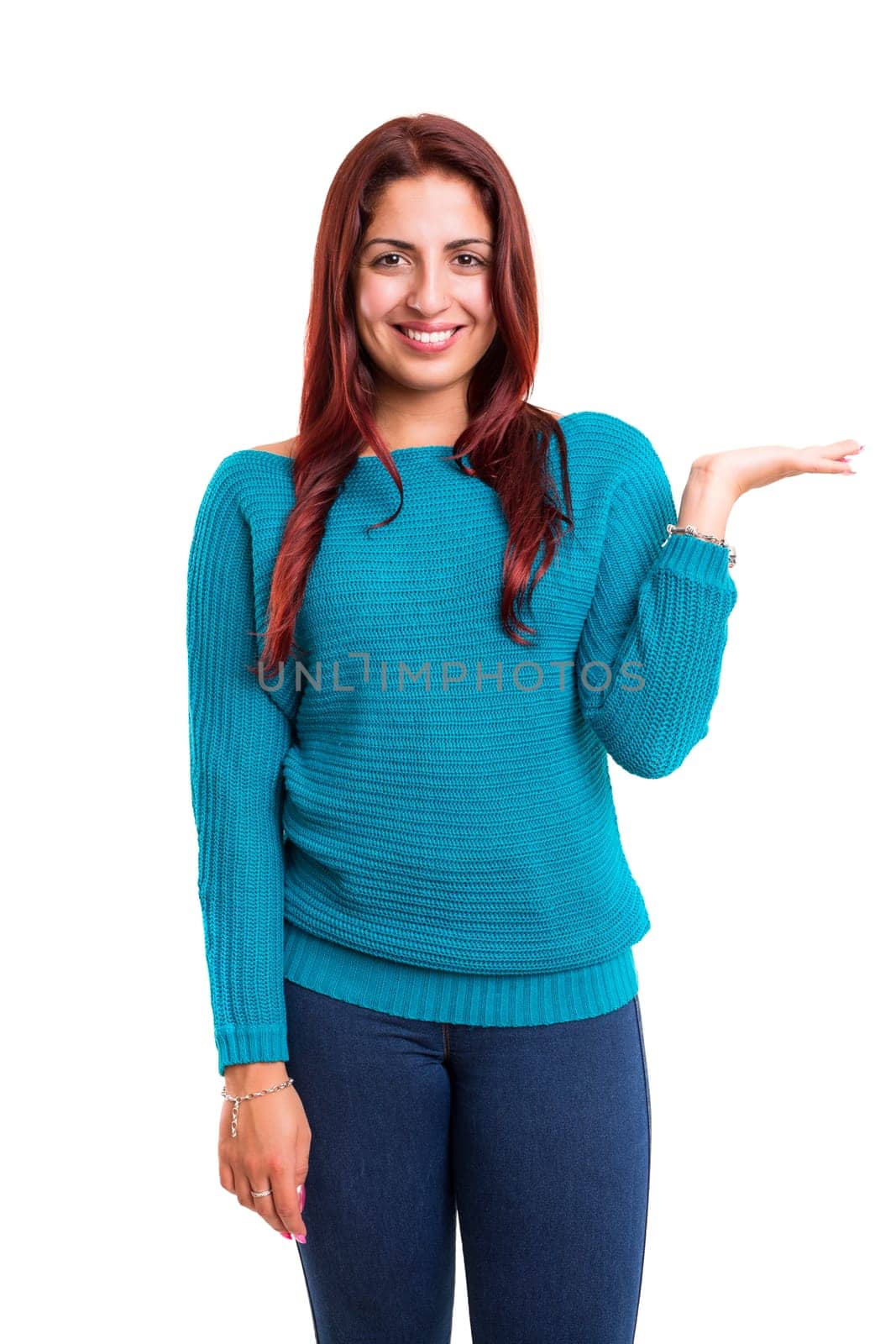 Young beautiful woman presenting your product, isolated over white background