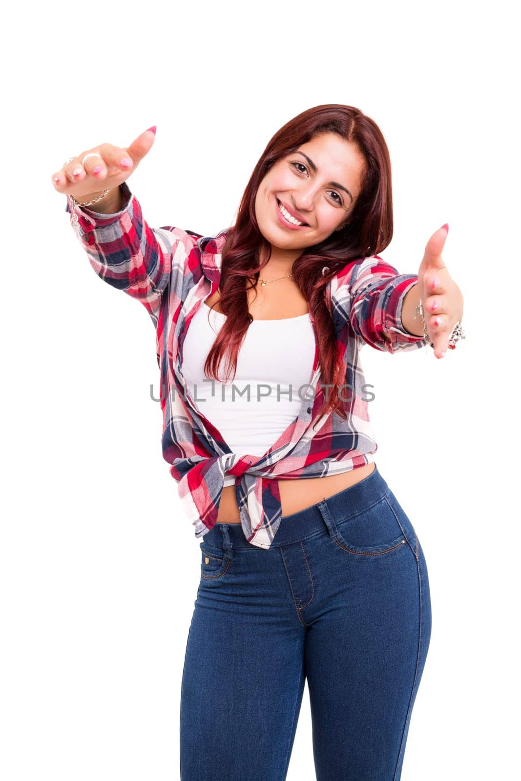 Beautiful young woman signaling ok, isolated over white