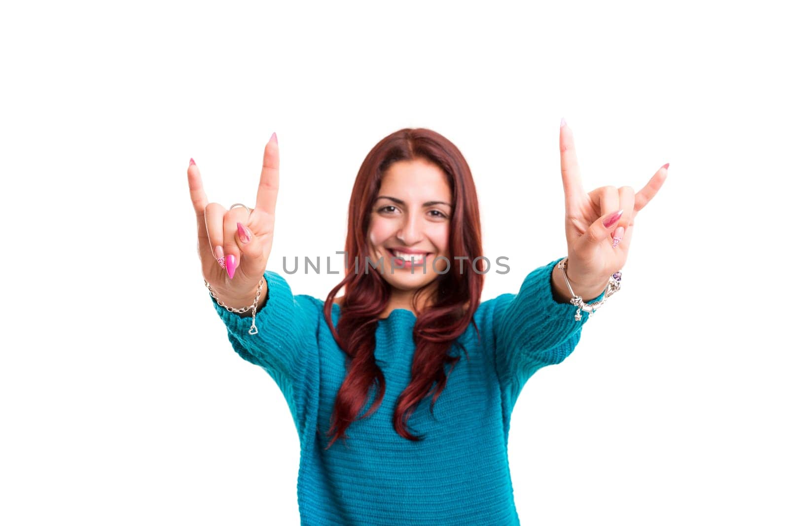 Happy beautiful young casual woman, isolated over white