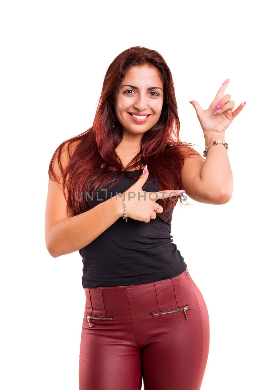 Young beautiful woman presenting your product, isolated over white background