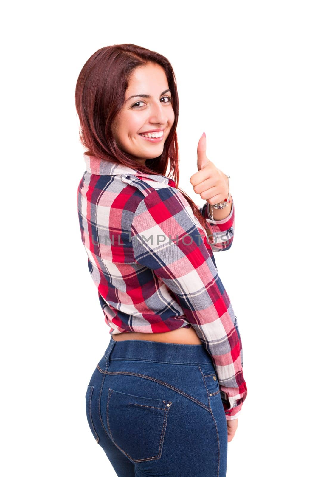 Beautiful young woman signaling ok, isolated over white