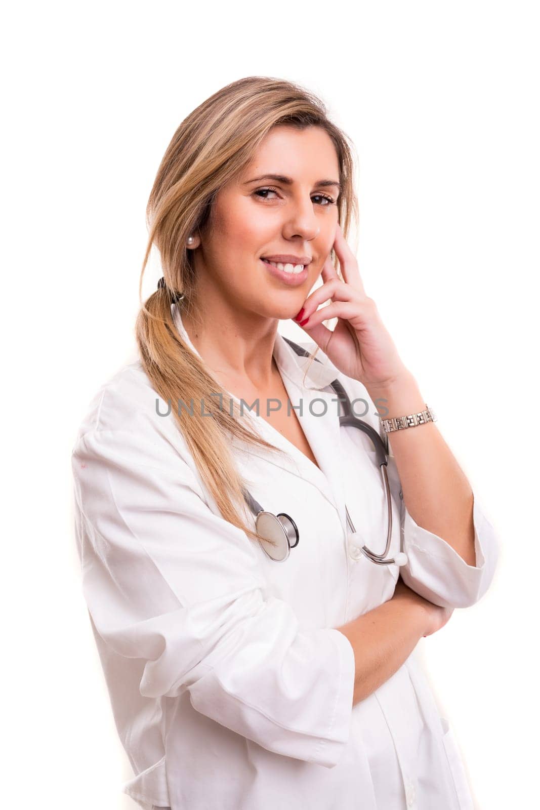 Beuatiful young medic posing isolated over a white background