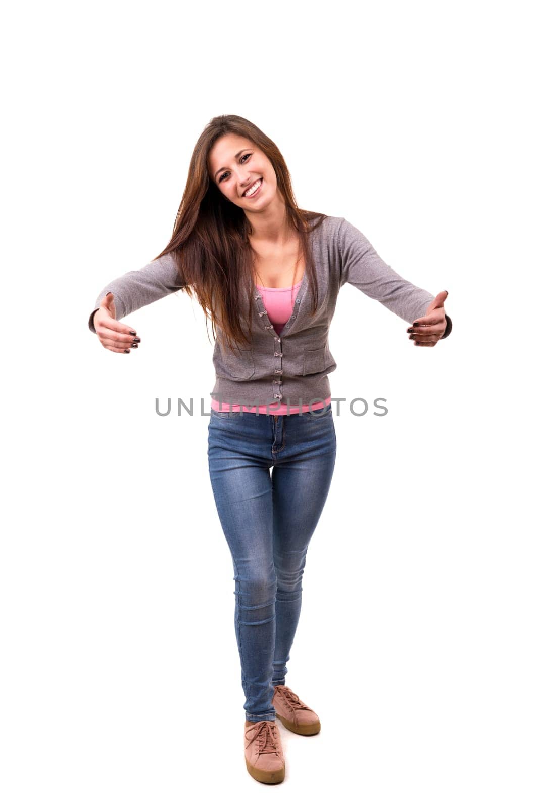 Studio shot of a beautiful woman offering a hug