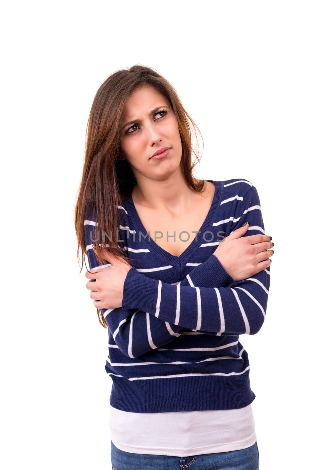 Studio shot of a sad woman, isolated over white