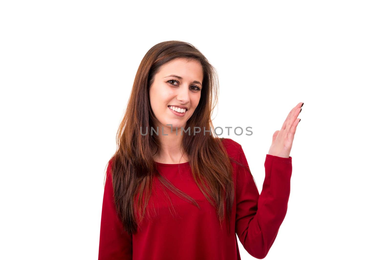 Young beautiful woman presenting your product, isolated over white background