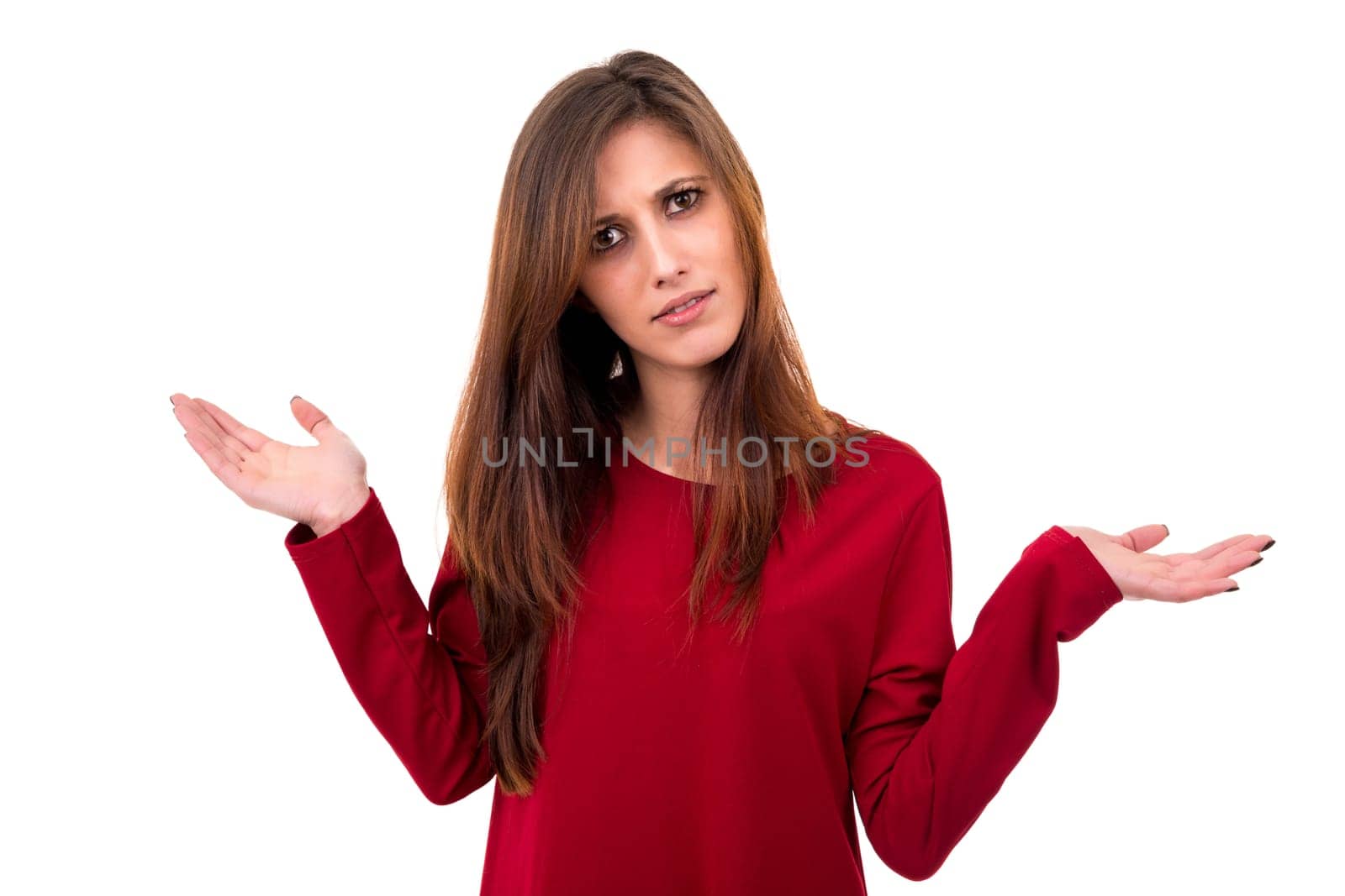 Young beautiful woman presenting your product, isolated over white background