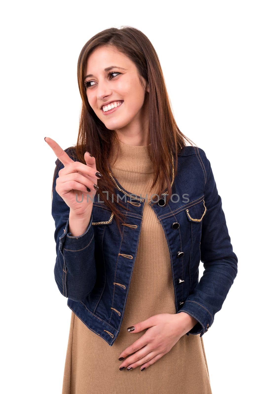 Young beautiful woman presenting your product, isolated over white background