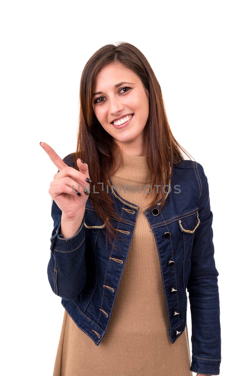 Young beautiful woman presenting your product, isolated over white background