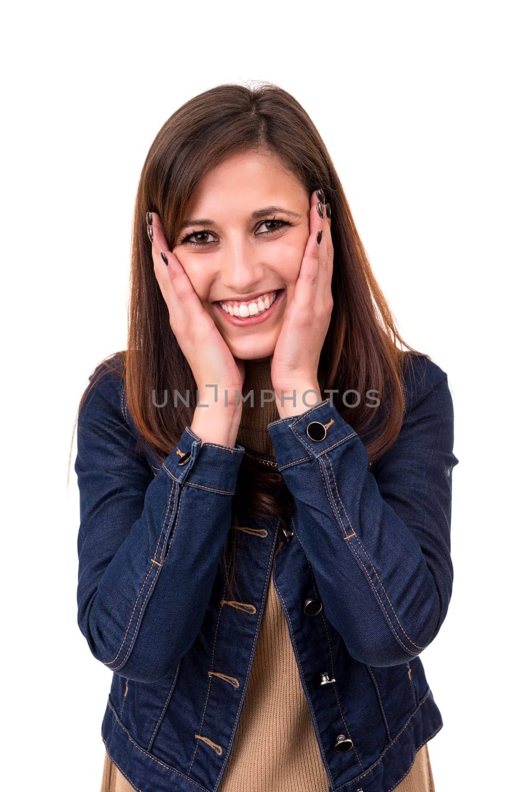 Surprised young woman isolated over white background