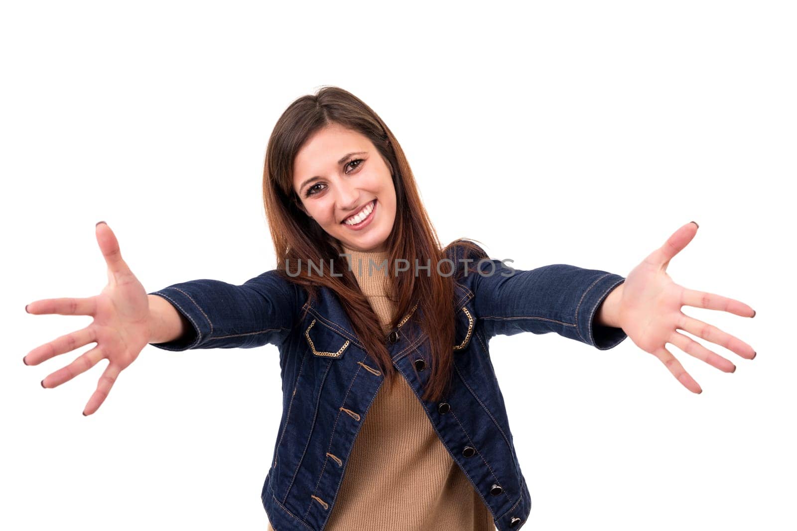 Studio shot of a beautiful woman offering a hug
