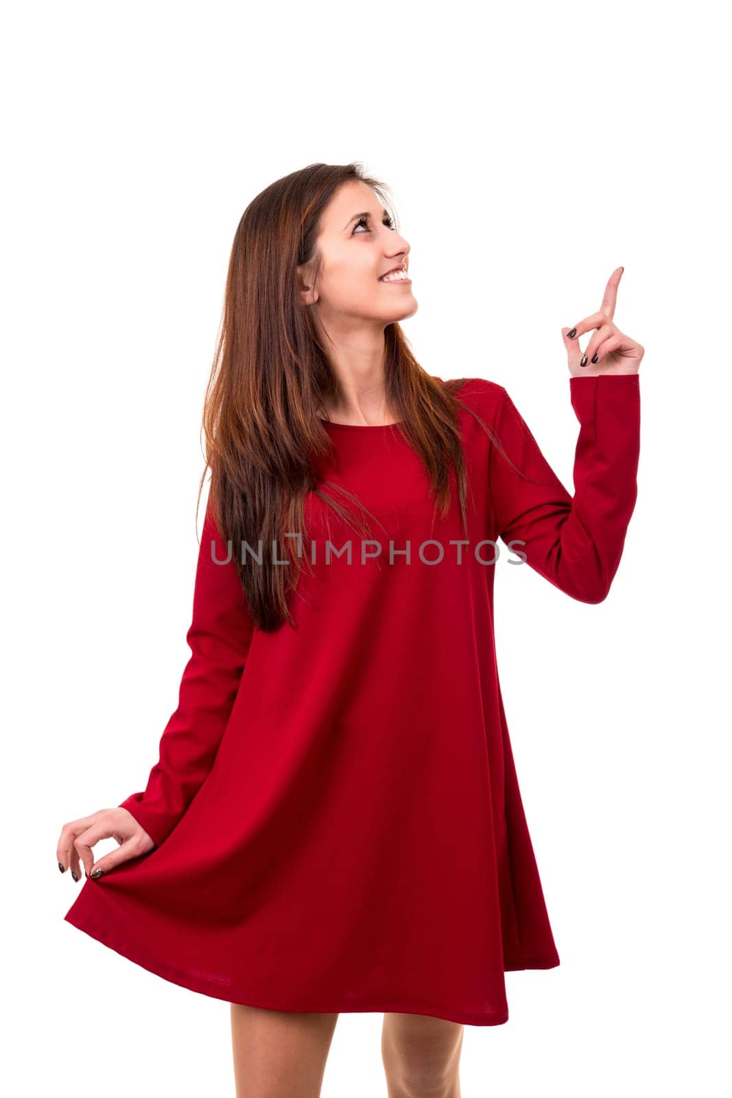 Young beautiful woman presenting your product, isolated over white background