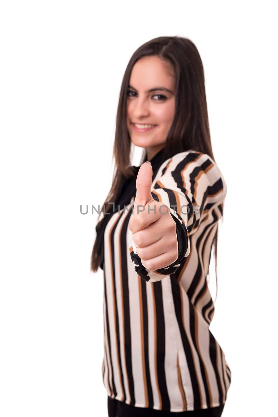 Beautiful young woman signaling ok, isolated over white