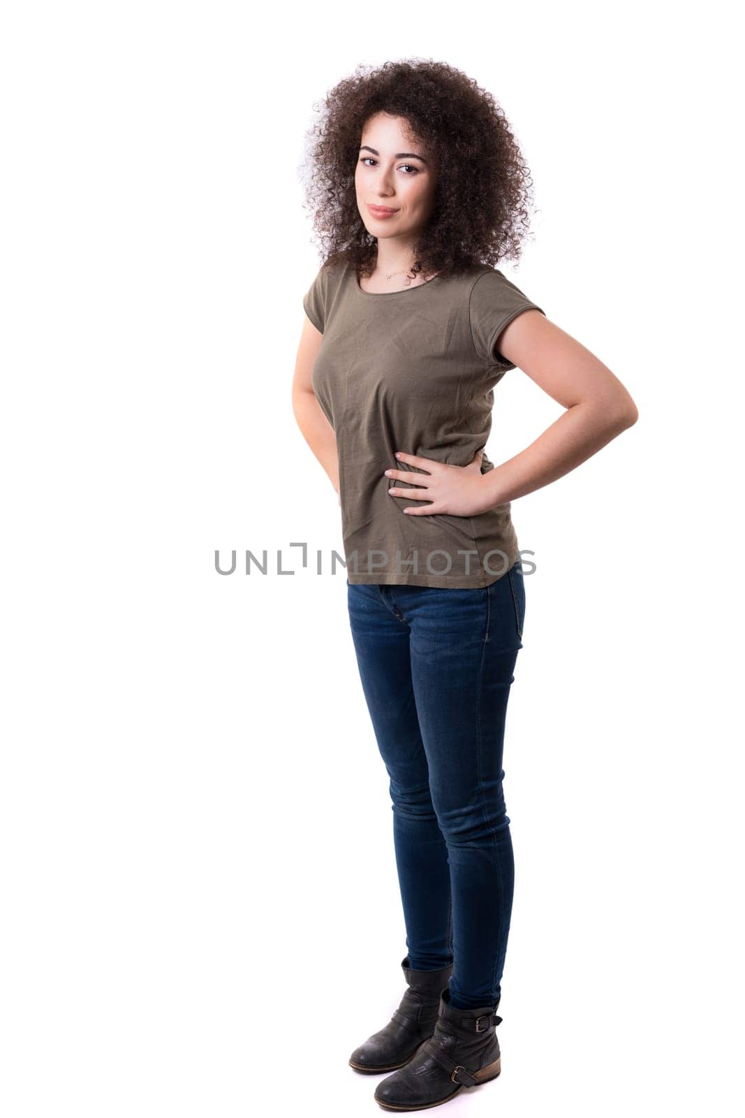 Beautiful young asian woman posing isolated over white background
