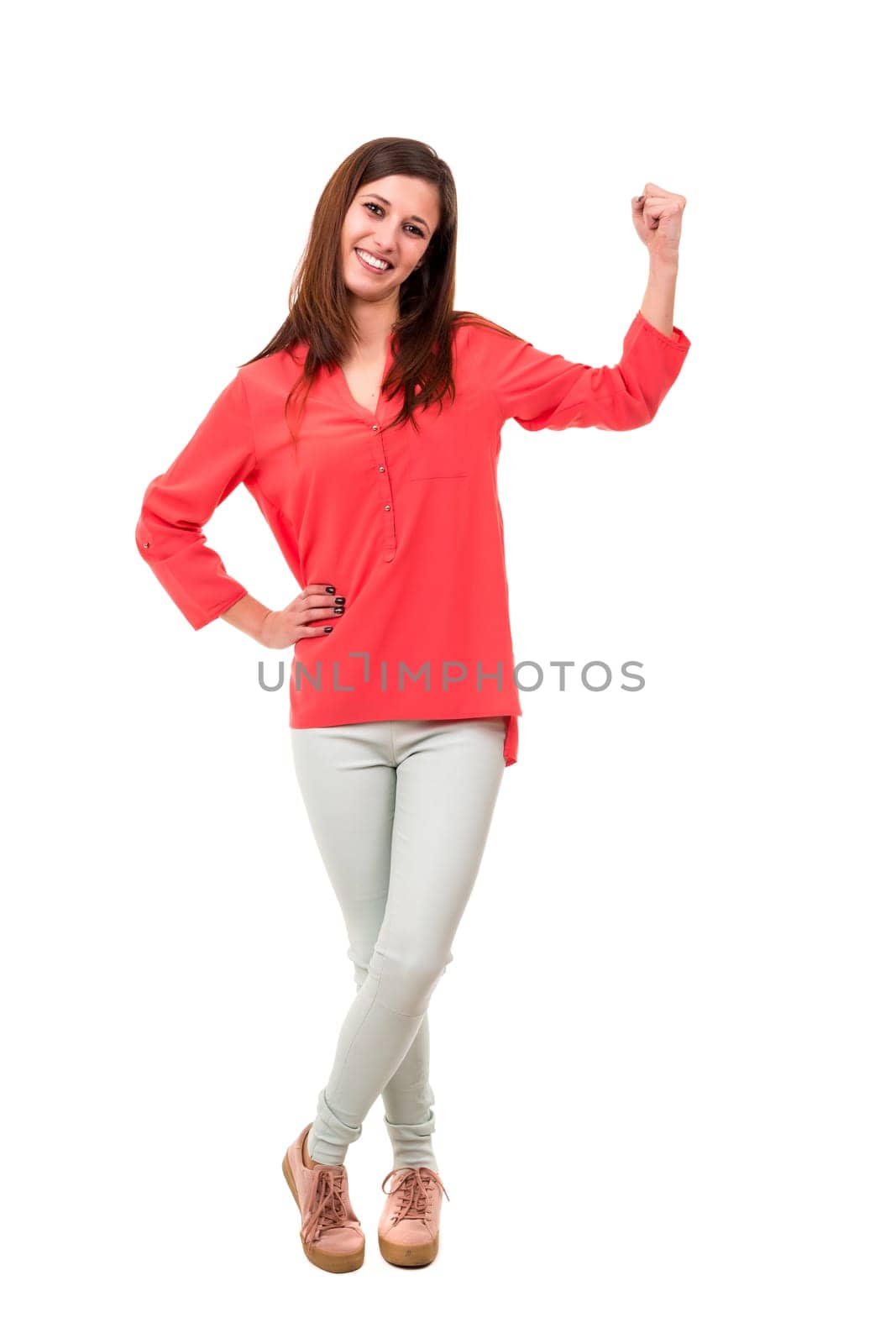 Beautiful young woman signaling ok, isolated over white