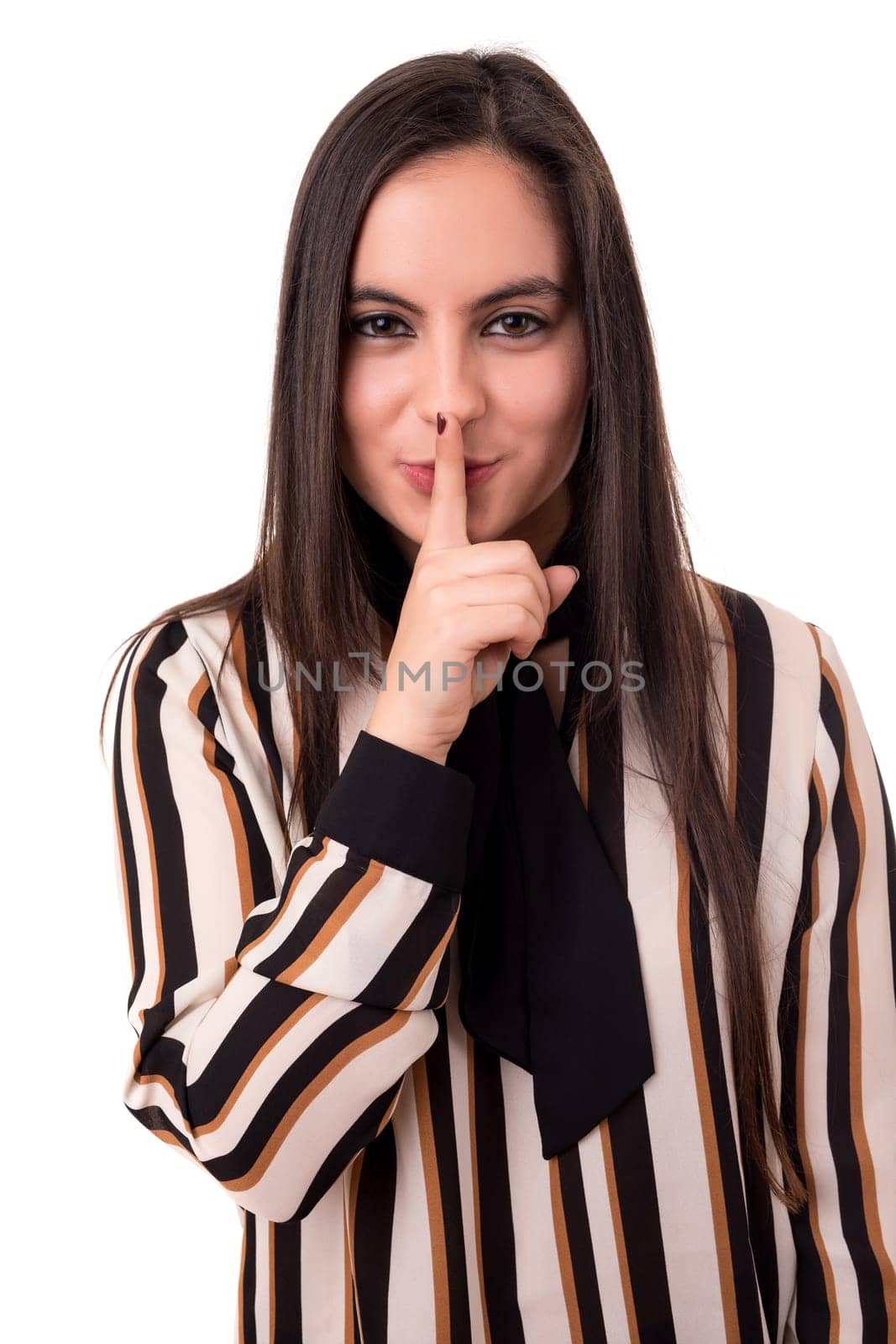 Beautiful young woman asking for silence isolated