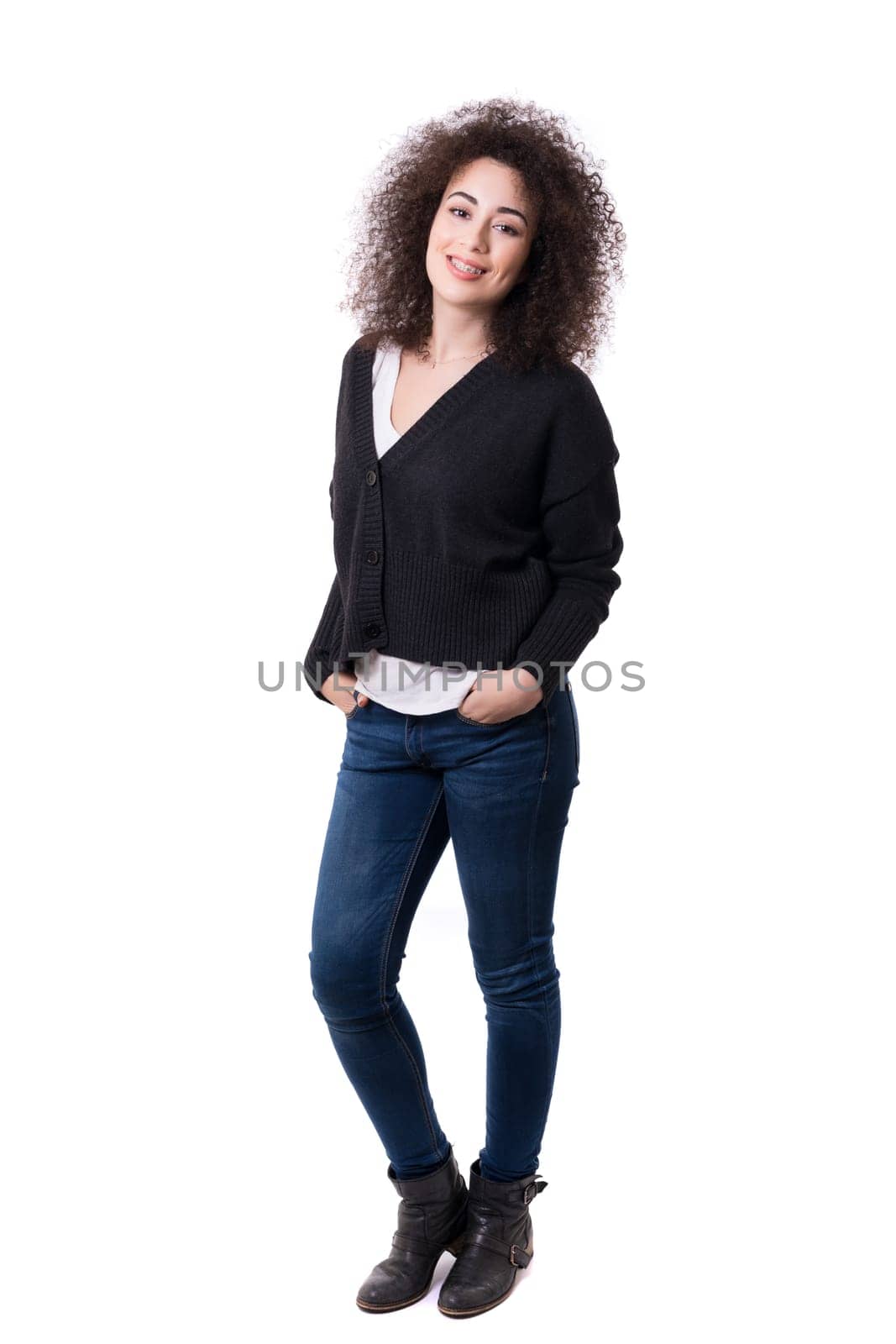 Happy young woman - who weares braces - posing isolated over white