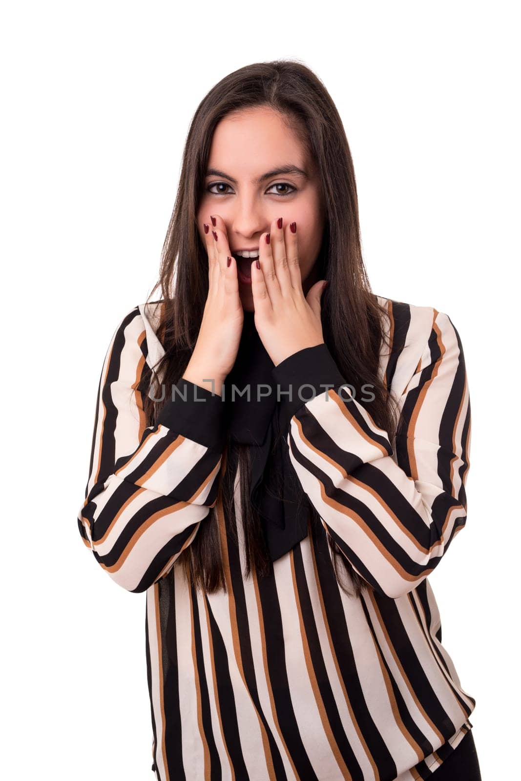 Surprised young woman isolated over white background