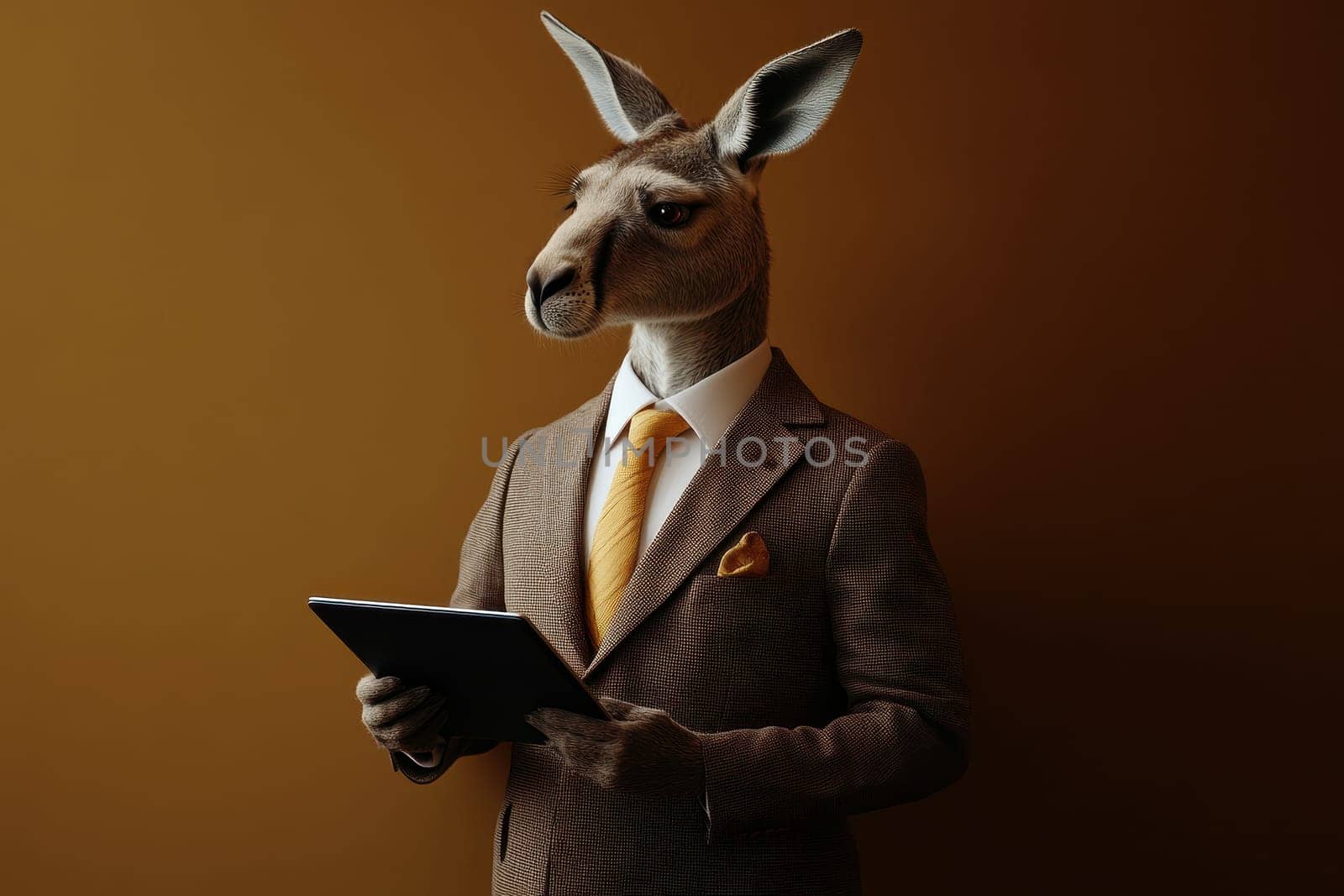 A whimsical portrait of a kangaroo dressed in a formal suit, holding a tablet. The image combines humor and professionalism, set against a warm brown background.