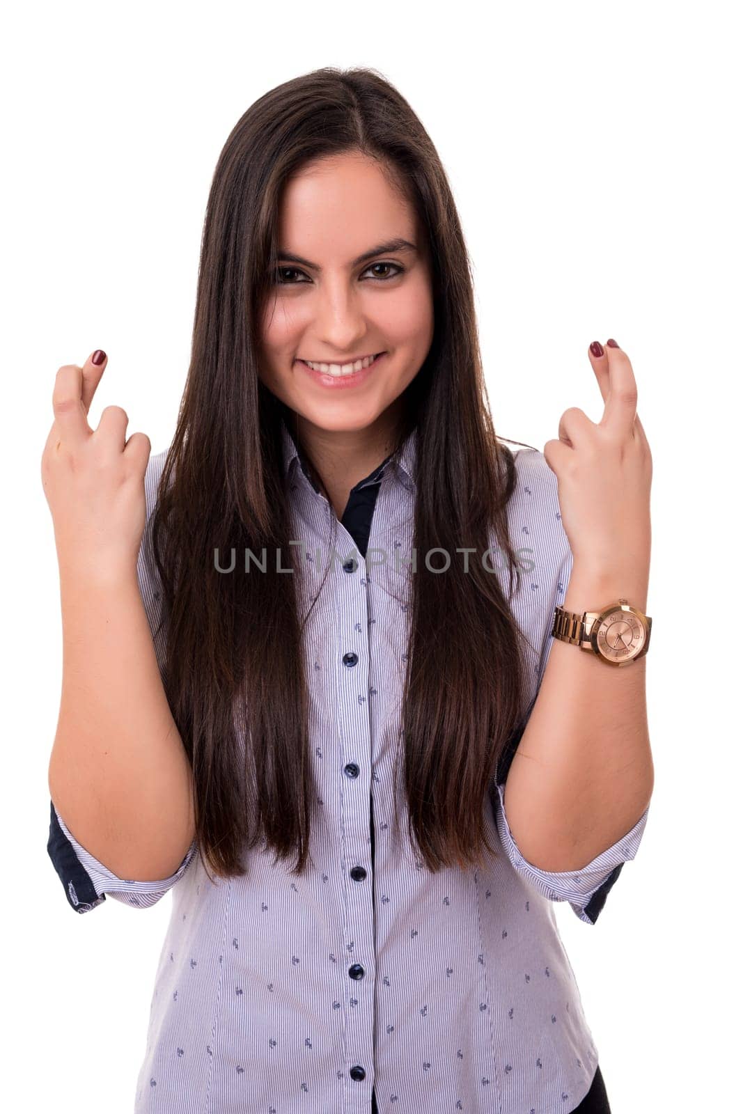 Woman with crossed fingers, isolated over a white background