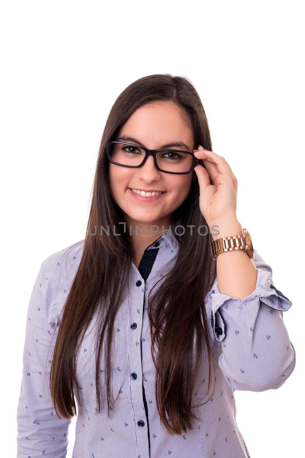 Young woman with glasses posing isolated over white