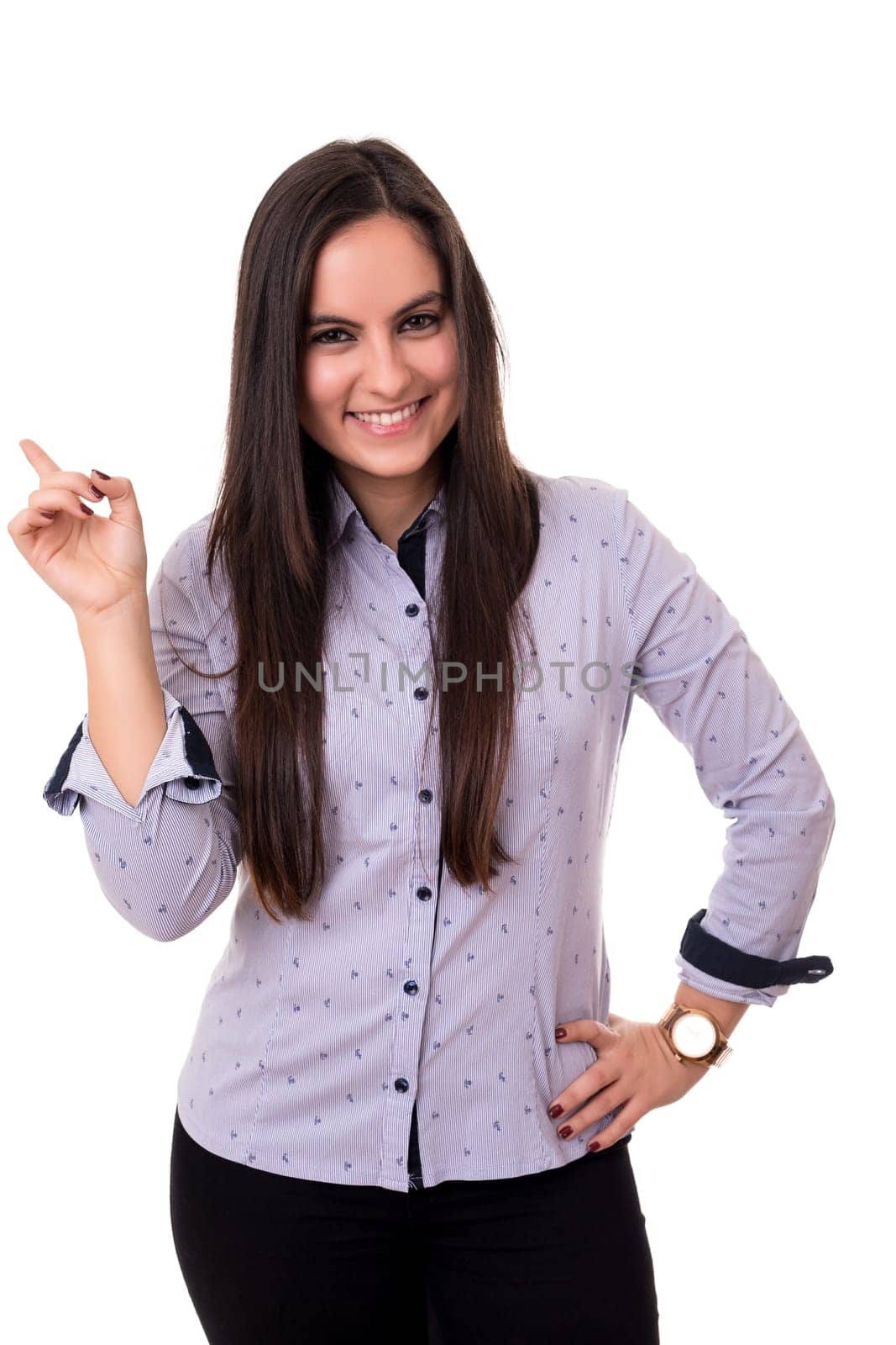 Young beautiful woman presenting your product, isolated over white background