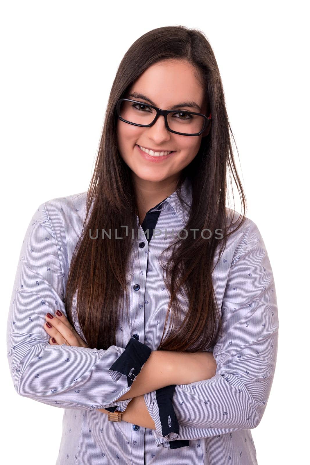 Young woman with glasses posing isolated over white