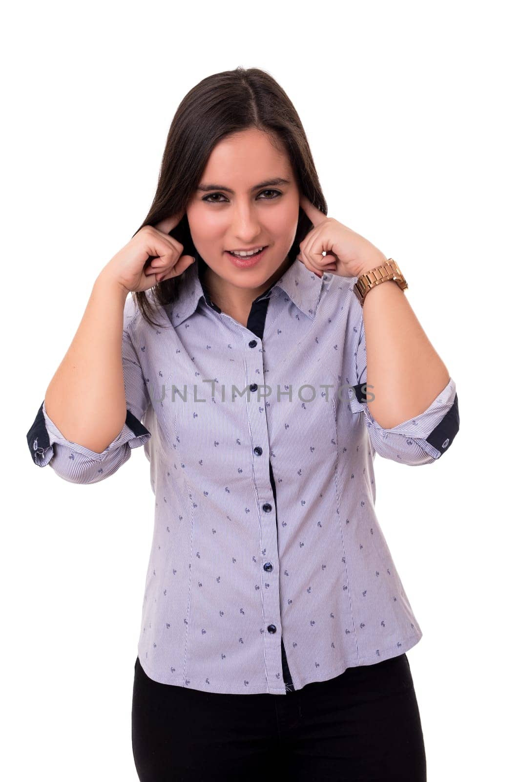 Beautiful young woman asking for silence isolated