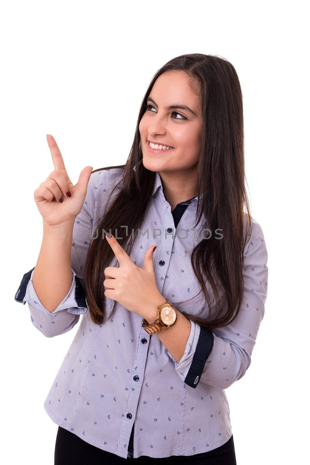 Young beautiful woman presenting your product, isolated over white background