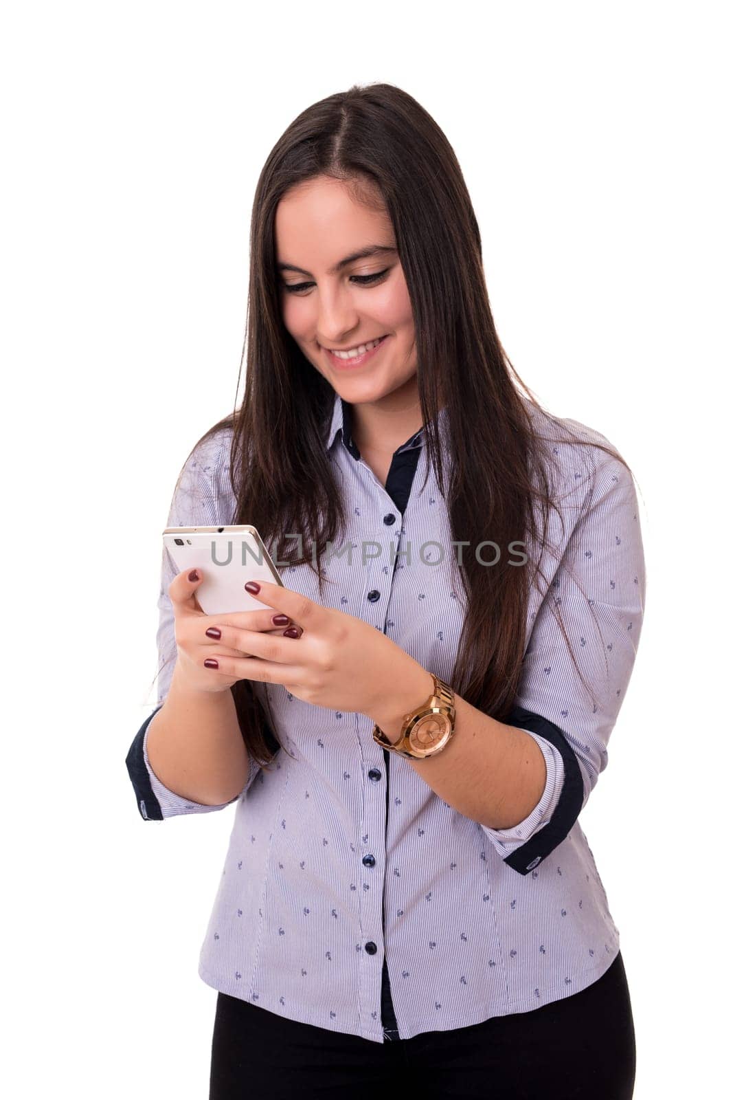 Young beautiful woman at the phone, isolated over a white background