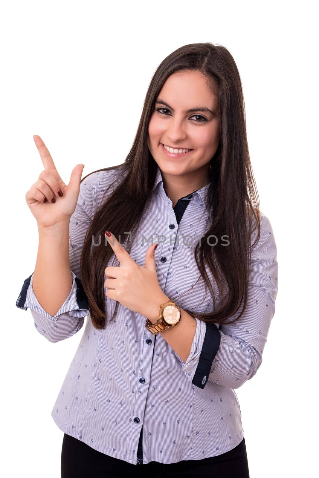 Young beautiful woman presenting your product, isolated over white background