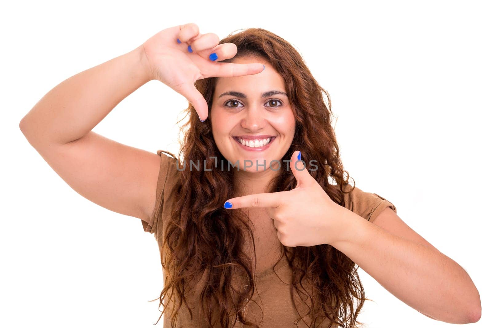 Young woman making framing key gesture - isolated over white