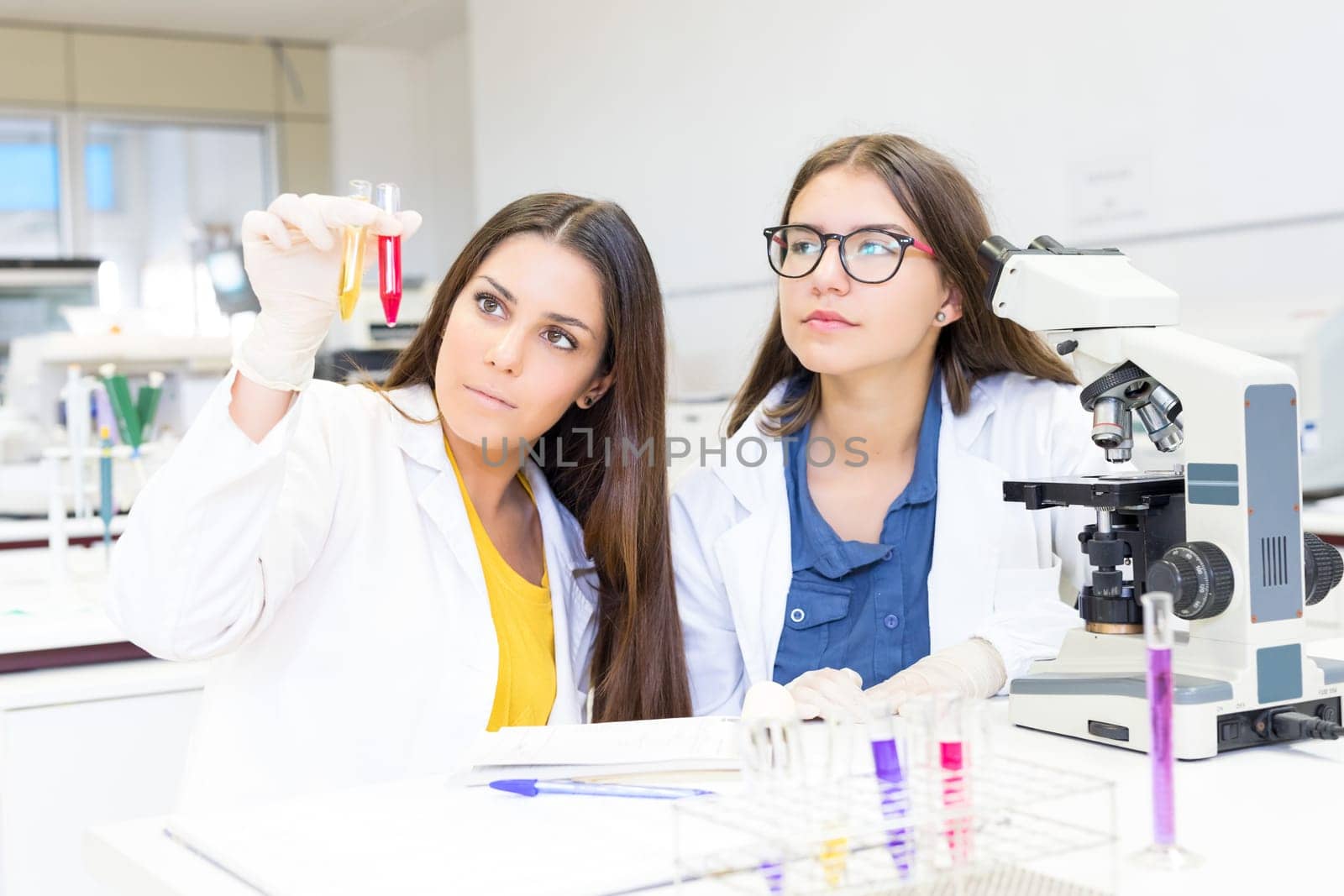 Beautiful young scientists working at the laboratory