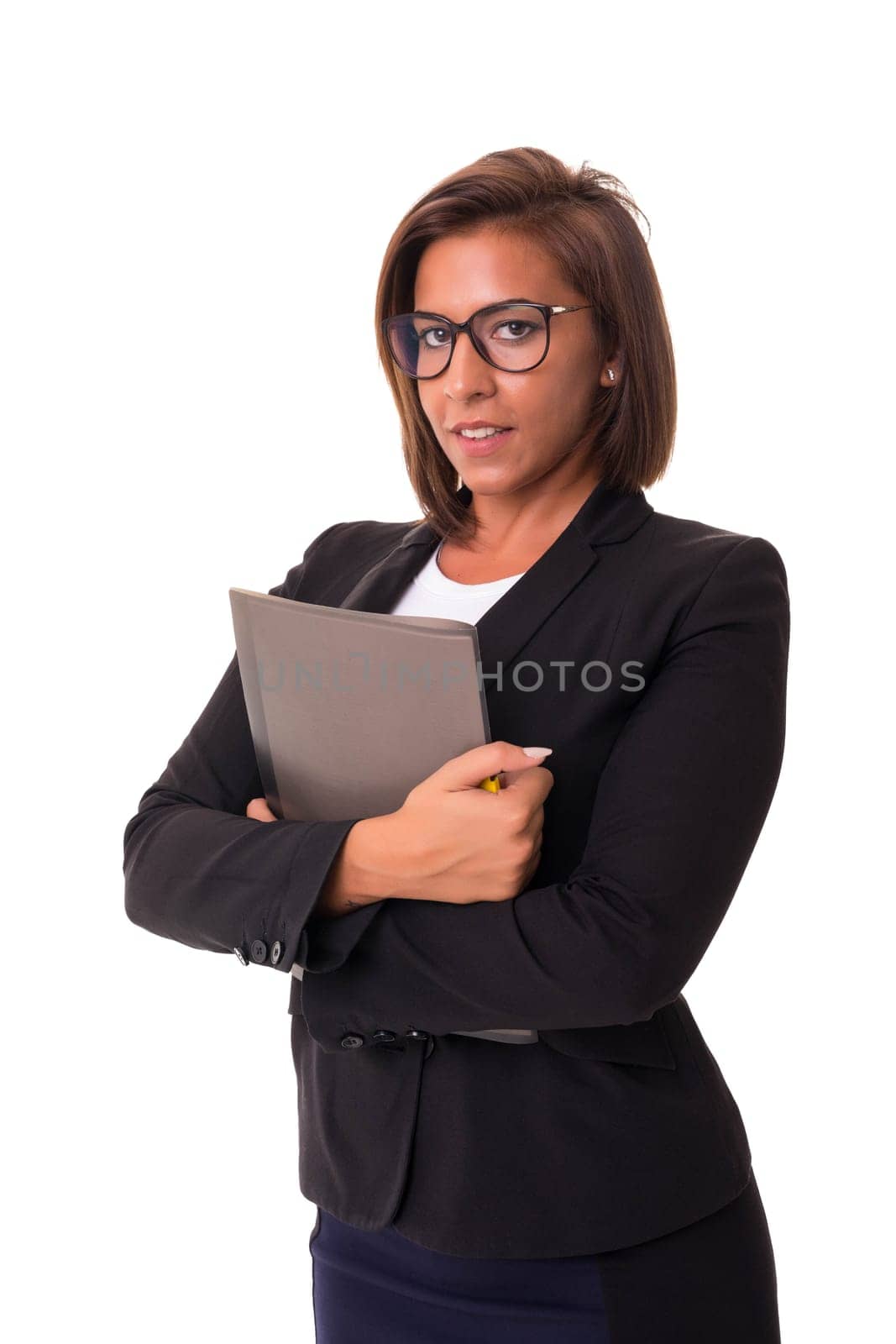 Young woman with glasses posing isolated over white