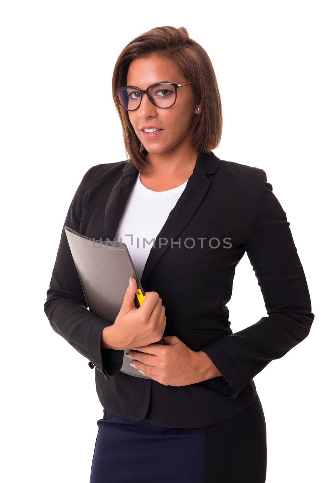 Young woman with glasses posing isolated over white
