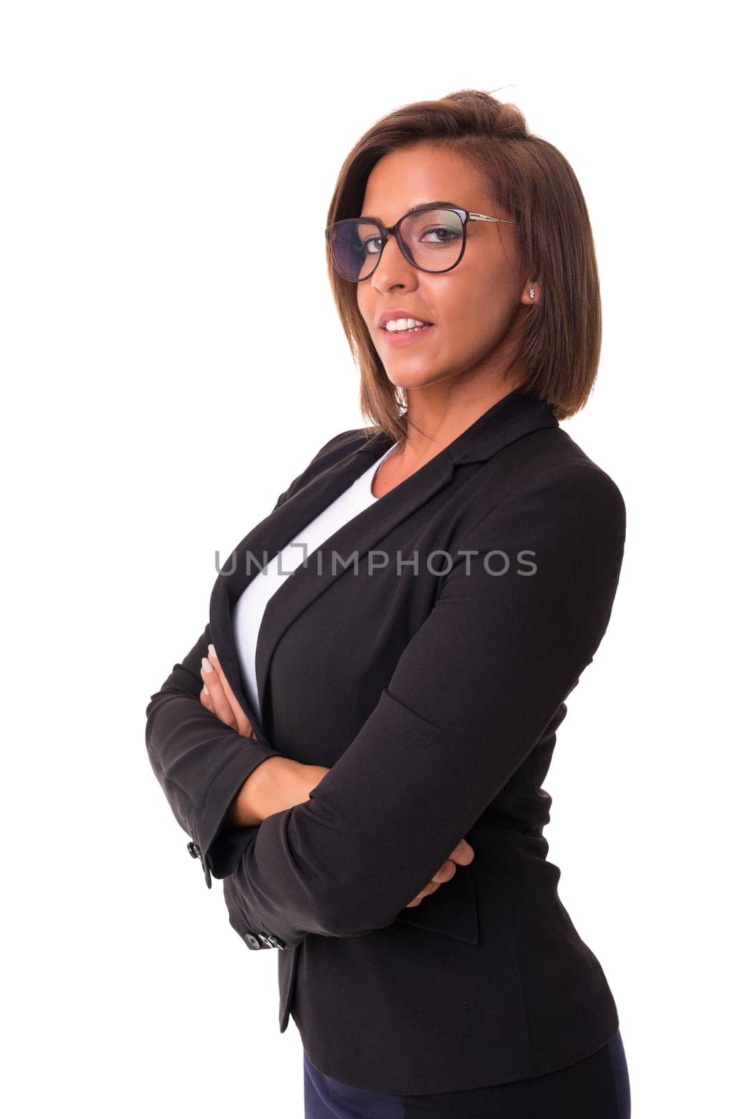 Young woman with glasses posing isolated over white