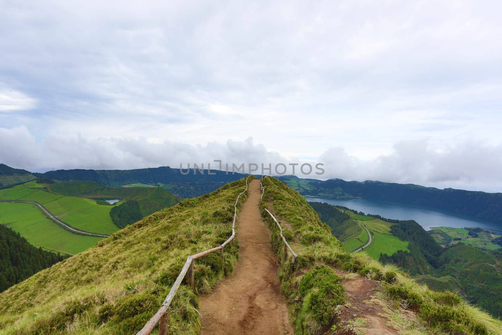 Walking path leading to a view on the lakes of Sete Cidades, Azores, Portugal