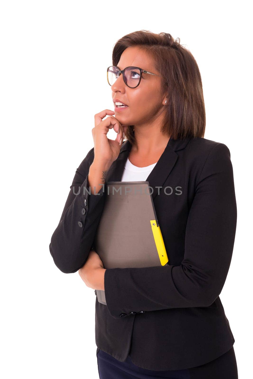 Young woman with glasses posing isolated over white