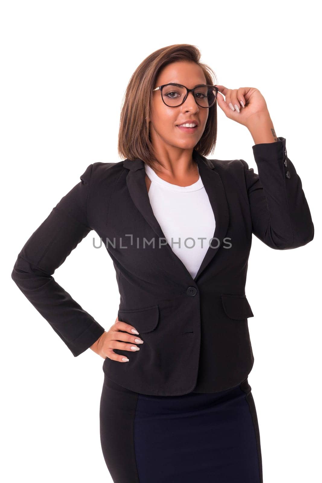 Young woman with glasses posing isolated over white