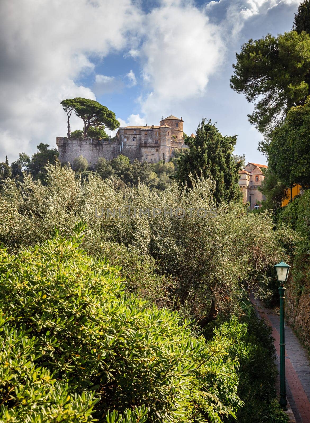 View of Castello Brown - a medieval castle and museum in the village of Portofino, Italy